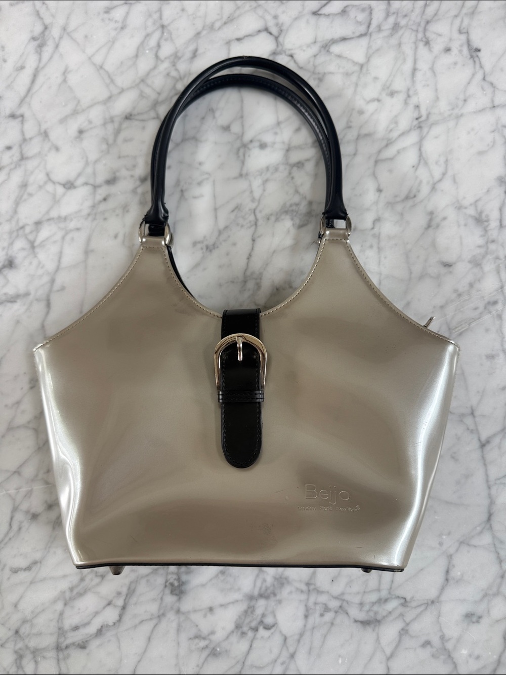 Beijo Benito Patent Cream Tote Purse with Buckle Accent